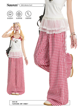 NERESUM红色格子裤女潮牌复古休闲裤美式宽松显瘦慵懒阔腿直筒裤