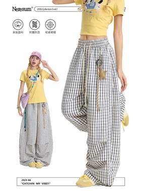 NERESUM星星挂饰裤子夏季蓝色格子直筒裤女垂感慵懒休闲阔腿裤ins