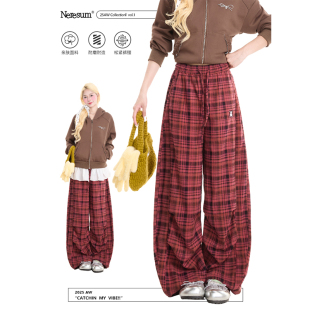 宽松慵懒直筒裤 高街垂感阔腿裤 子 女美式 NERESUM复古红色格子裤