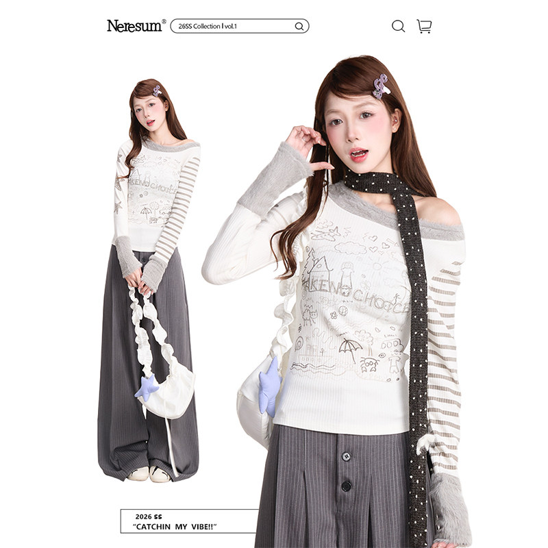 NERESUM卡通手绘条纹拼接毛绒长袖T恤女春季轻亚文化百搭修身上衣,女装/女士精品,T恤,淘宝优惠券,粉丝福利购,淘宝优惠卷