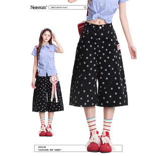 宽松显瘦水洗阔腿短裤 NERESUM满印波点复古牛仔七分裤 女春夏美式