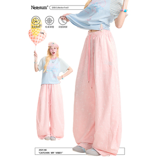 子女美式 多巴胺显瘦阔腿裤 复古格纹弯刀工装 新款 裤 NERESUM粉色裤