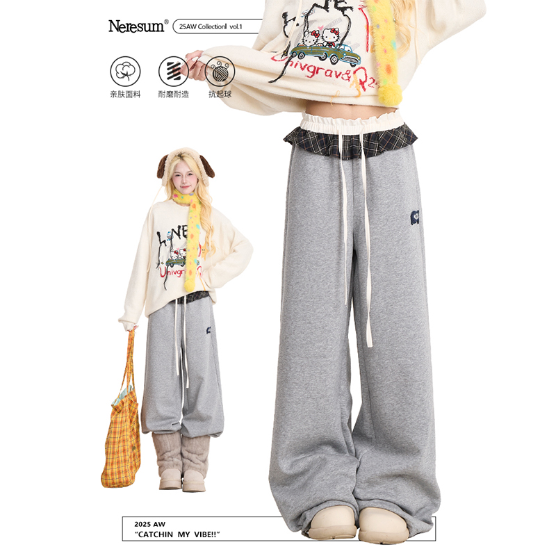 NERESUM复古格纹拼接休闲卫裤