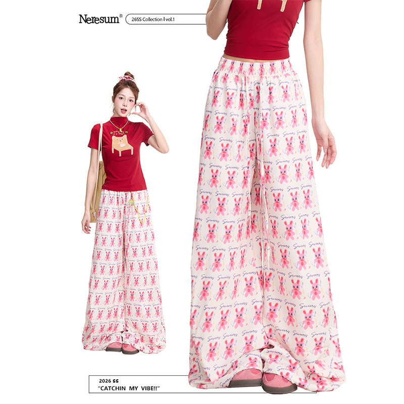 NERESUM卡通兔子满印裤子女新款软萌感阔腿裤潮牌宽松速干休闲裤,女装/女士精品,休闲裤,淘宝优惠券,粉丝福利购,淘宝优惠卷