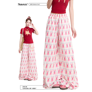 NERESUM卡通兔子满印裤子女新款软萌感阔腿裤潮牌宽松速干休闲裤