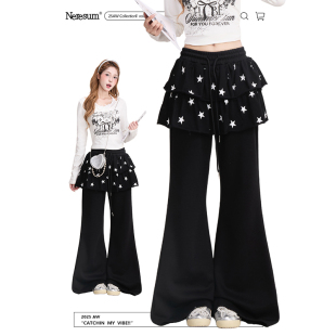 女复古假两件设计感显瘦休闲微喇裤 NERESUM美式 星星屁帘拼接卫裤