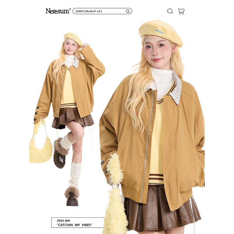 NERESUM复古条纹拼接翻领夹克