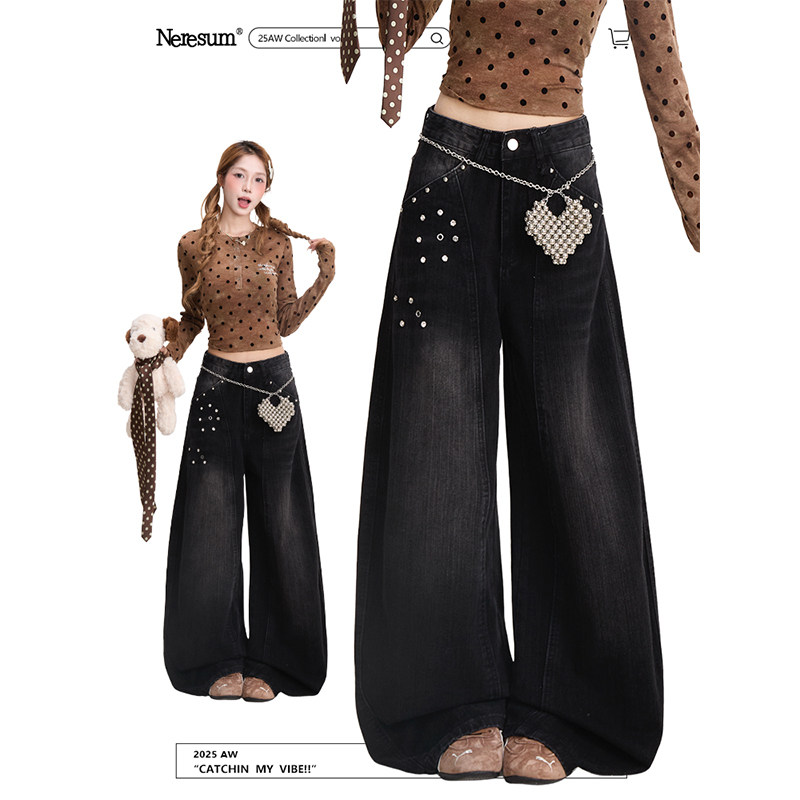 NERESUM解构烫钻牛仔裤女复古设计感水洗阔腿裤美式垂感宽松裤子,女装/女士精品,牛仔裤,淘宝优惠券,粉丝福利购,淘宝优惠卷