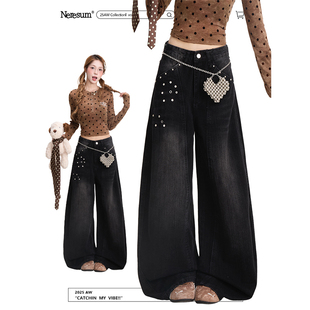 垂感宽松裤 美式 子 女复古设计感水洗阔腿裤 NERESUM解构烫钻牛仔裤