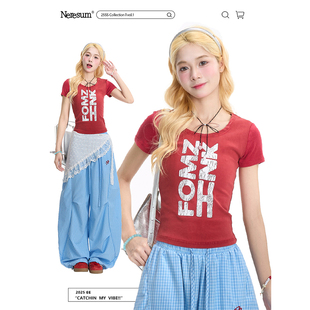 显瘦正肩短款 NERESUM字母印花短袖 做旧修身 复古夏季 上衣 T恤女美式