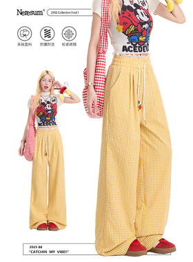 NERESUM复古黄色格子裤女蕾丝花边米奇抽绳设计感休闲裤直筒裤
