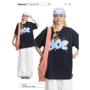 NERESUM美式 T恤女可爱小狗格子字母刺绣宽松百搭休闲上衣 潮牌短袖