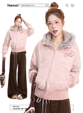 NERESUM星星刺绣麂皮绒连帽短外套女秋冬斜拉链设计感毛绒棉服