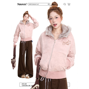 NERESUM星星刺绣麂皮绒连帽短外套女秋冬斜拉链设计感毛绒棉服
