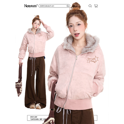 NERESUM星星刺绣麂皮绒连帽外套