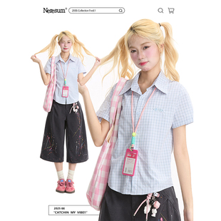 显瘦正肩夏季 NERESUM蓝色格纹刺绣短袖 学院风修身 衬衫 衬衣 女美式
