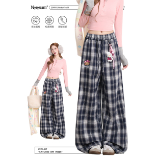 百搭直筒阔腿裤 女Kitty猫刺绣慵懒休闲裤 潮牌格子裤 NERESUM美式