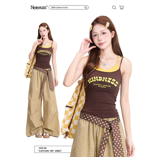 显瘦上衣 修身 NERESUM假两件字母印花吊带背心女美式 复古辣妹夏季