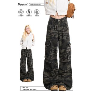 复古街头显瘦阔腿裤 NERESUM美式 女高街多口袋直筒裤 裤 迷彩工装