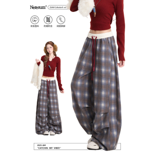 女秋冬加绒褶皱慵懒宽松垂感休闲长裤 NERESUM美式 复古格纹阔腿裤