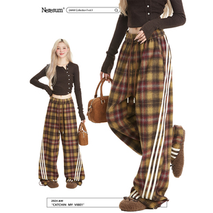子ins潮牌垂感休闲阔腿裤 复古条纹宽松直筒裤 女美式 NERESUM格子裤
