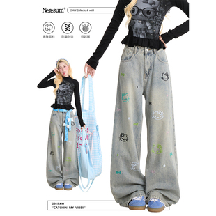 复古垂感长裤 NERESUM蓝色牛仔裤 美式 Kitty猫刺绣水洗直筒裤 女新款