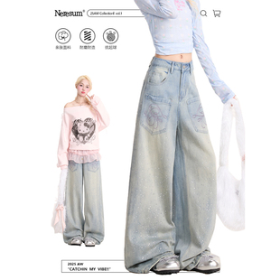 NERESUM亮片字母烫钻牛仔裤女新款设计感直筒长裤水洗百搭阔腿裤