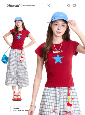 NERESUM五角星印花撞色短袖T恤女美式辣妹修身显瘦短款红色上衣