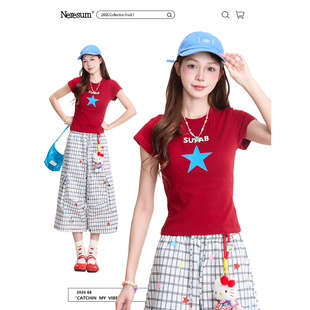 显瘦短款 辣妹修身 红色上衣 T恤女美式 NERESUM五角星印花撞色短袖