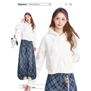 NERESUM音符烫钻开衫连帽卫衣女秋冬多拉链设计感百搭短款外套