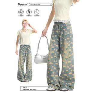 NERESUM小雏菊满印牛仔裤女美式复古直筒裤设计感宽松显瘦裤子