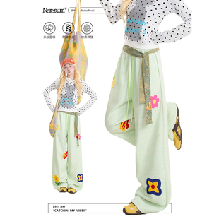 垂感显瘦百搭长裤 NERESUM花卉刺绣休闲卫裤 女潮牌慵懒宽松直筒裤