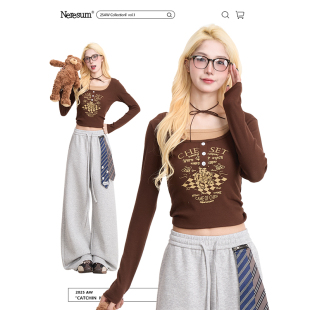 打底上衣 T恤女早秋少女设计感显瘦短款 NERESUM美式 复古假两件长袖