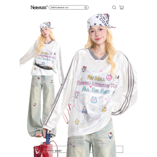 NERESUM可爱卡通印花长袖 条纹拼接运动风缎面宽松上衣 T恤女美式