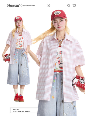 NERESUM爱心涂鸦印花红色格子短袖衬衫女美式街头夏季宽松衬衣