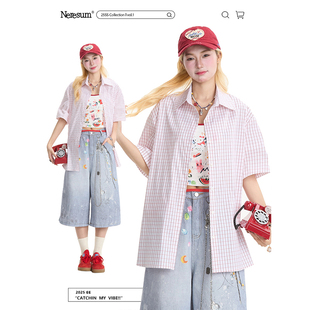 NERESUM爱心涂鸦印花红色格子短袖衬衫女美式街头夏季宽松衬衣