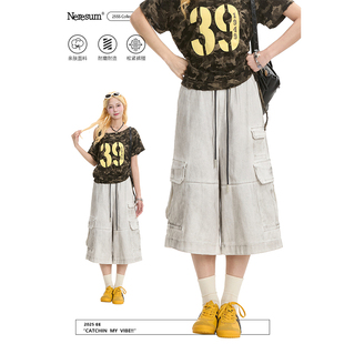 女潮牌多口袋慵懒直筒休闲短裤 七分裤 复古水洗工装 NERESUM美式