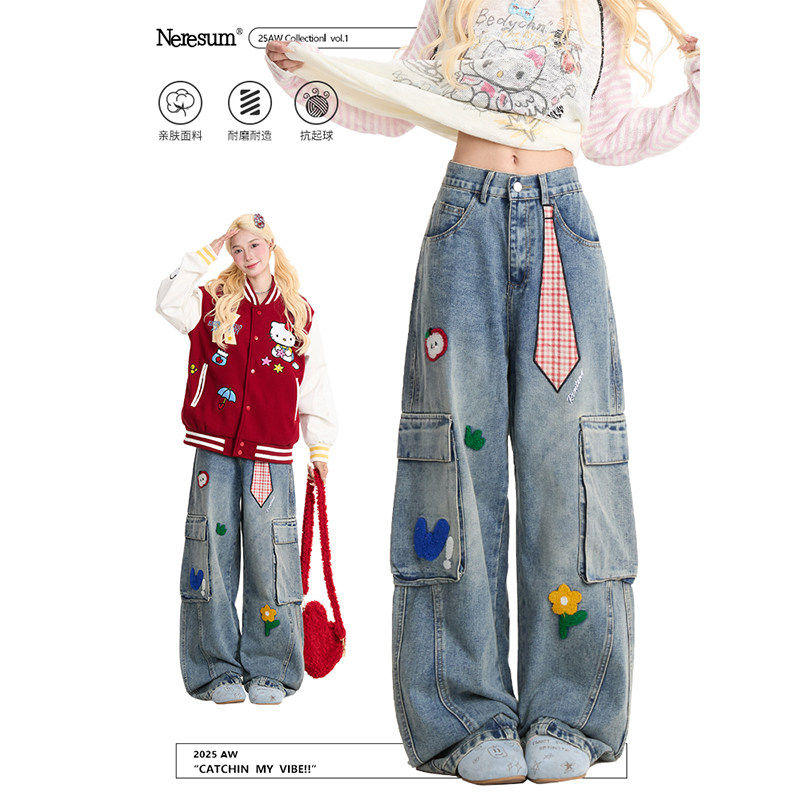 NERESUM趣味刺绣工装牛仔裤女复古做旧水洗直筒裤街头百搭阔腿裤,女装/女士精品,牛仔裤,淘宝优惠券,粉丝福利购,淘宝优惠卷