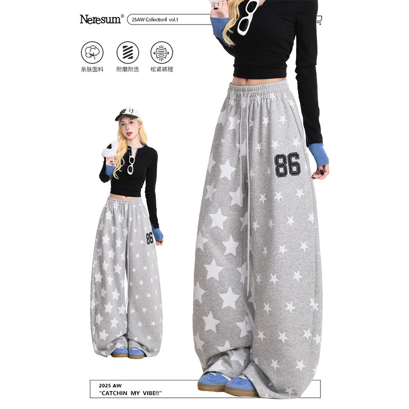 NERESUM美式满印星星卫裤女秋冬慵懒运动阔腿裤高街垂感直筒裤,女装/女士精品,卫裤,淘宝优惠券,粉丝福利购,淘宝优惠卷