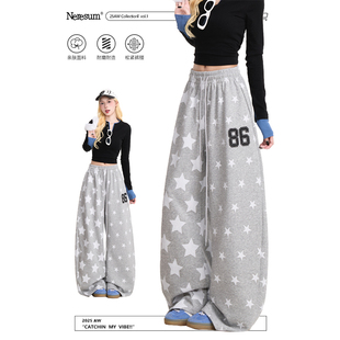 NERESUM美式满印星星卫裤女秋冬慵懒运动阔腿裤高街垂感直筒裤