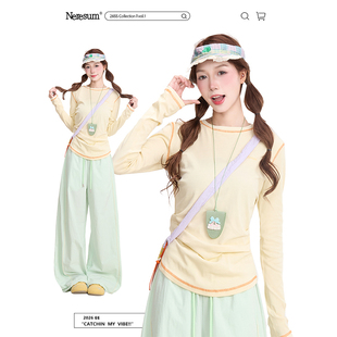 新款 NERESUM美式 T恤女春季 长袖 设计感抽褶显瘦运动上衣 辑明线修身