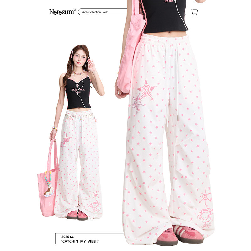 NERESUM星星满印阔腿裤女轻亚风直筒工装裤韩系百搭显瘦休闲裤,女装/女士精品,休闲裤,淘宝优惠券,粉丝福利购,淘宝优惠卷