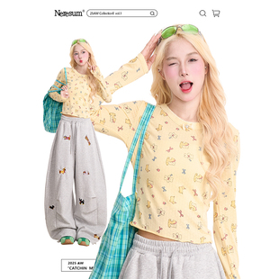 NERESUM趣味卡通满印秋季长袖T恤女潮牌可爱减龄修身短款打底上衣