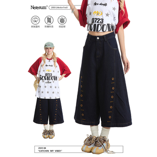 街头直筒百搭短裤 NERESUM美式 夏季 女排扣设计感新款 牛仔七分裤