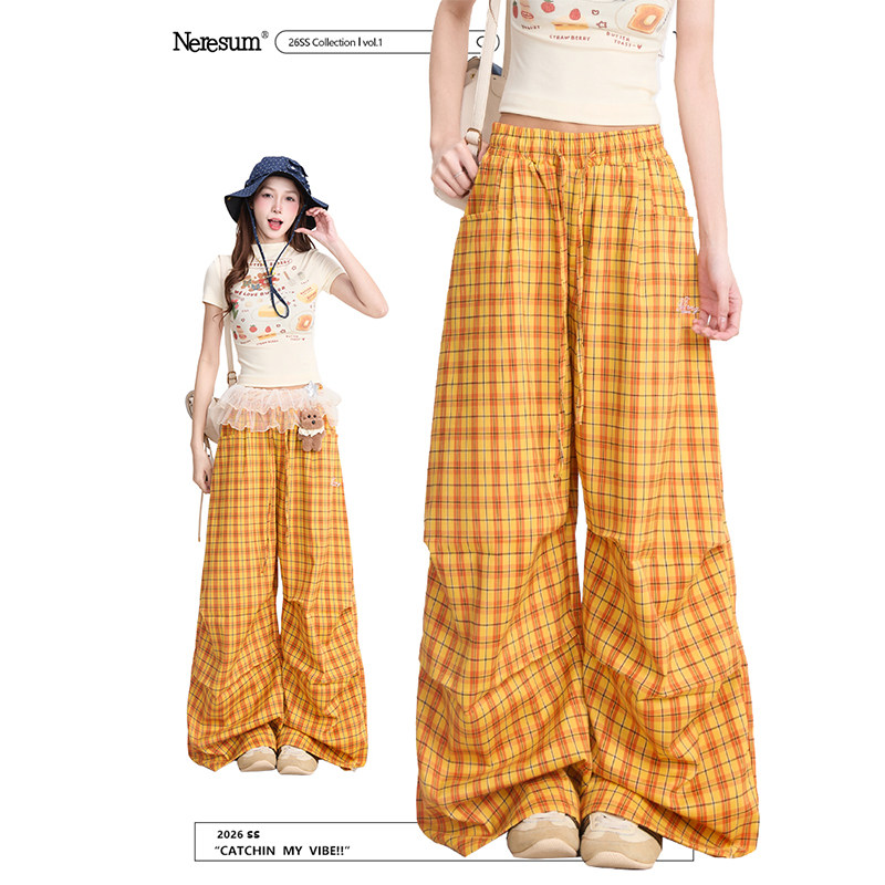 NERESUM多巴胺格纹裤子女复古褶皱垂感工装裤春夏宽松休闲阔腿裤,女装/女士精品,休闲裤,淘宝优惠券,粉丝福利购,淘宝优惠卷