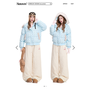 NERESUM满印Kitty猫毛领连帽棉服女冬季 甜美减龄保暖棉衣厚外套