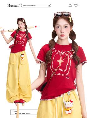 NERESUM苹果印花短款短袖T恤女2026夏季新款辣妹风显瘦红色上衣