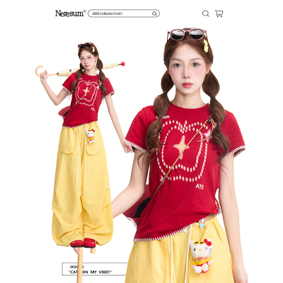 NERESUM苹果印花短款短袖T恤