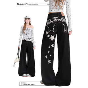 子宽松显瘦阔腿裤 女复古直筒裤 字母星星印花牛仔裤 NERESUM美式