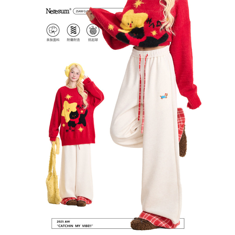 NERESUM腊肠狗刺绣运动卫裤女格纹卷边慵懒阔腿裤美式直筒裤子,女装/女士精品,卫裤,淘宝优惠券,粉丝福利购,淘宝优惠卷